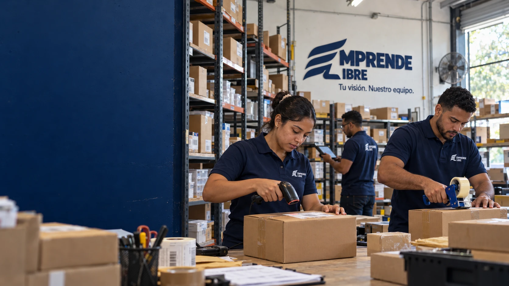 Equipo de Emprende Libre preparando pedidos en el almacén